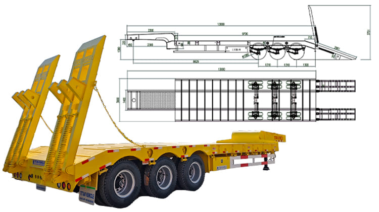 Tri 3 Axle 60 Ton Lowbed Semi Tractor Trailers Lorry with Ramp Price for Sale